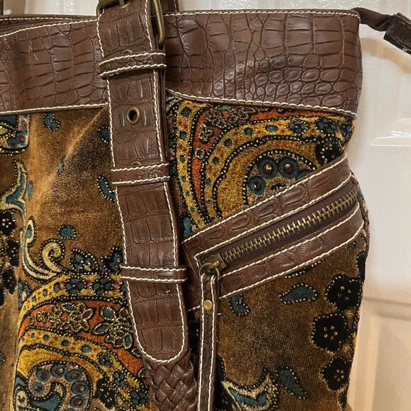 Tapestry brocade paisley gold brown fall colors shimmer purse bag - Picture 2 of 13